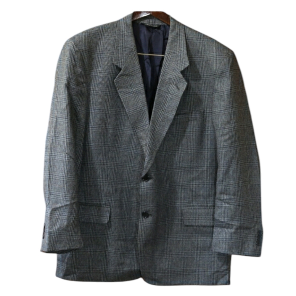 Vito Rufalo Gray Wool Plaid Blazer with Notched Lapels 44R